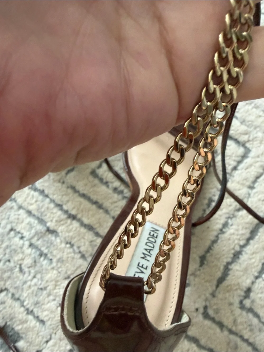 Steve Madden Brown Patent wrap around Chain-Ankle Stiletto Sandals - Picture 8 of 11